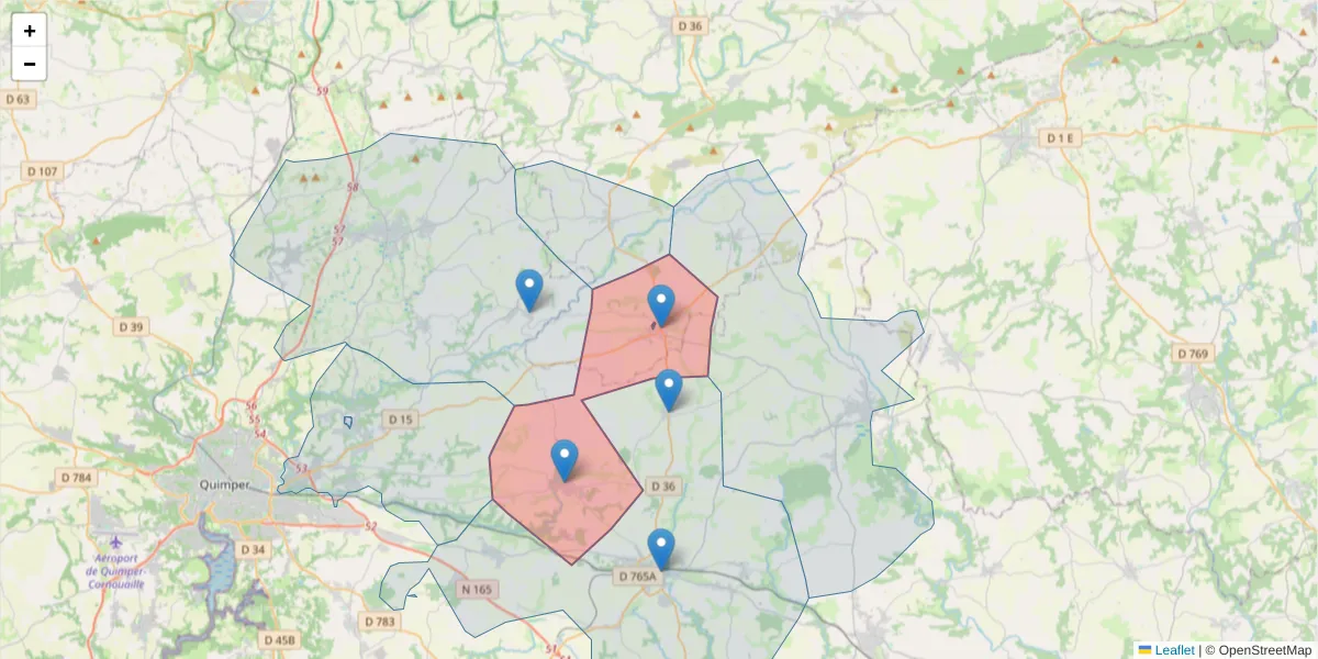 Carte de la zone du code postal  et des codes postaux voisins en France
