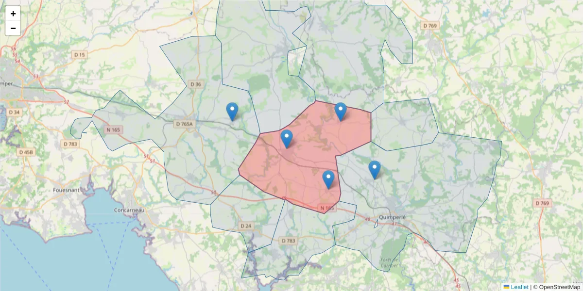 Carte de la zone du code postal  et des codes postaux voisins en France