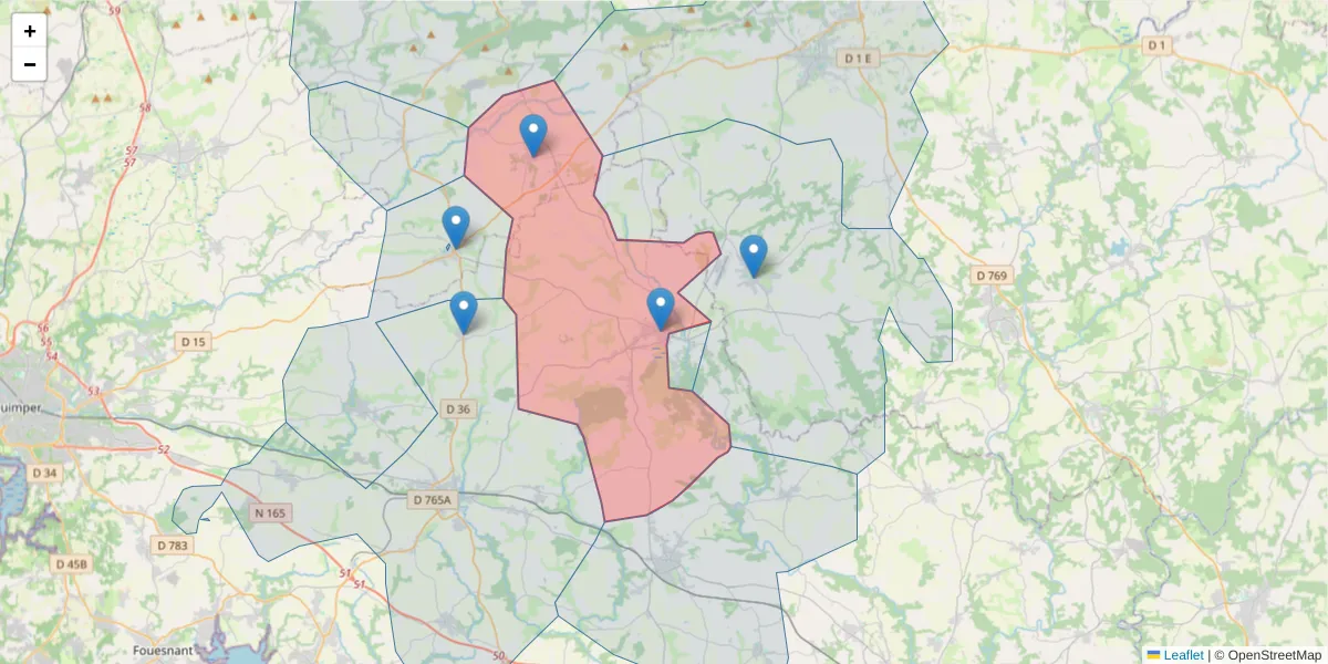Carte de la zone du code postal  et des codes postaux voisins en France