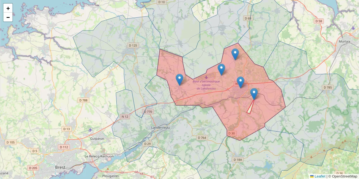 Carte de la zone du code postal  et des codes postaux voisins en France