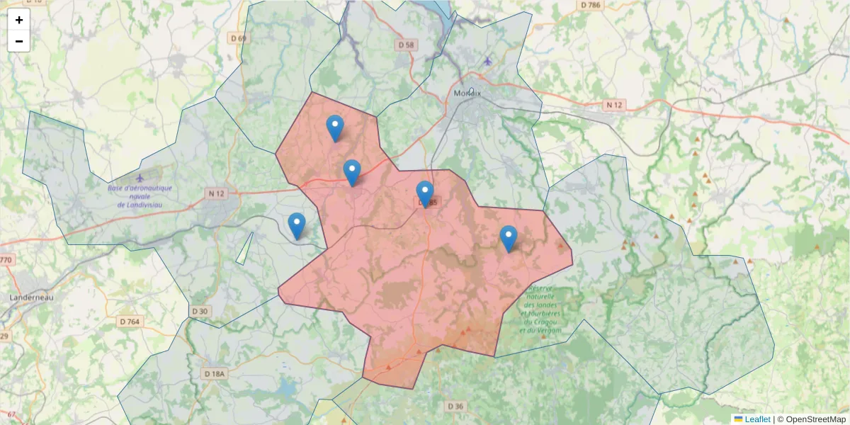 Carte de la zone du code postal  et des codes postaux voisins en France