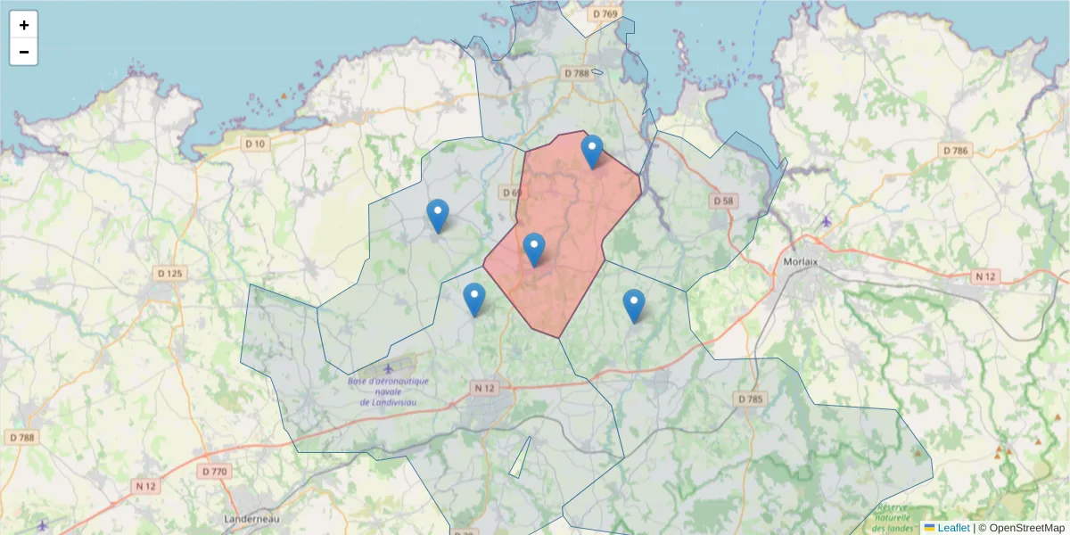 Carte de la zone du code postal  et des codes postaux voisins en France
