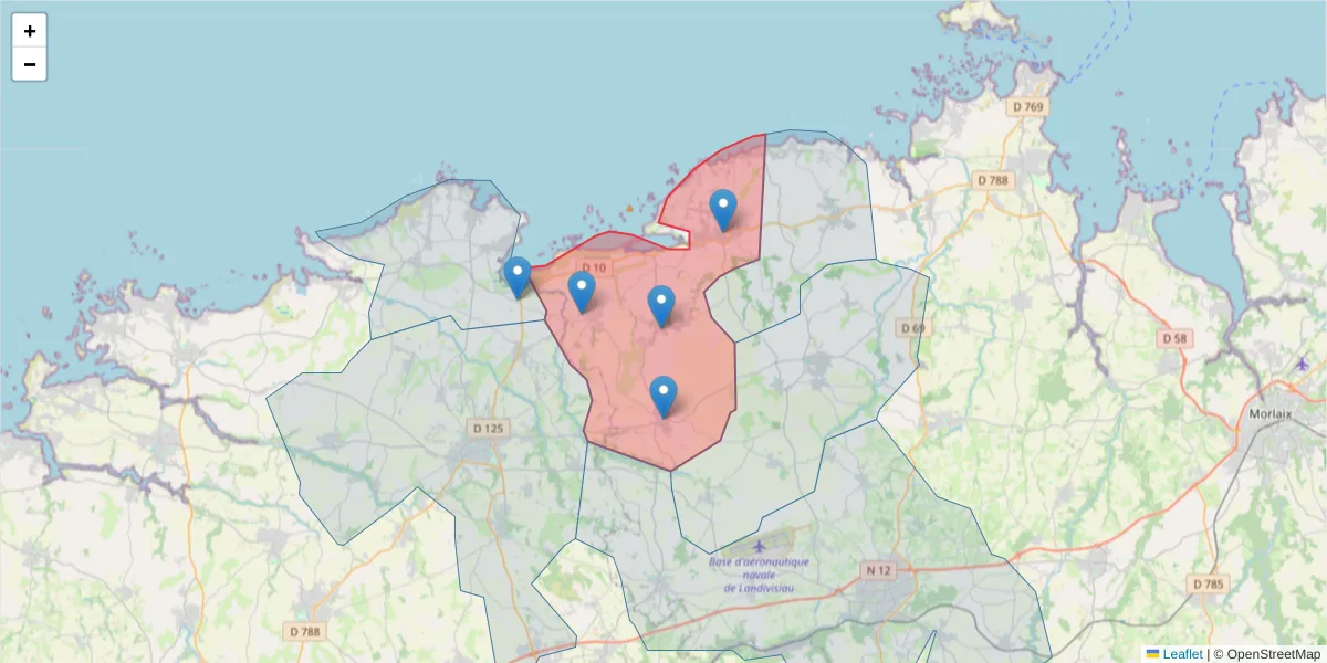 Carte de la zone du code postal  et des codes postaux voisins en France