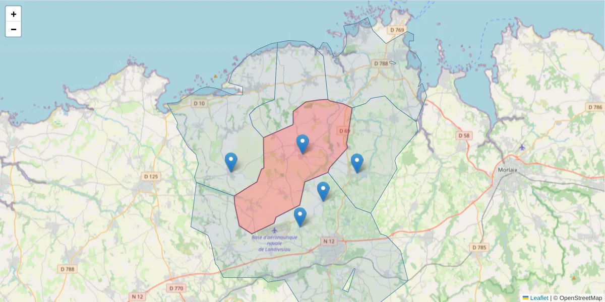 Carte de la zone du code postal  et des codes postaux voisins en France