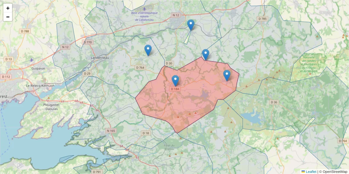 Carte de la zone du code postal  et des codes postaux voisins en France