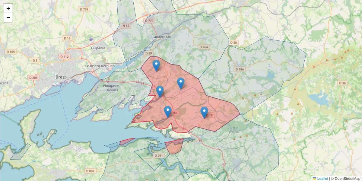 Carte de la zone du code postal  et des codes postaux voisins en France