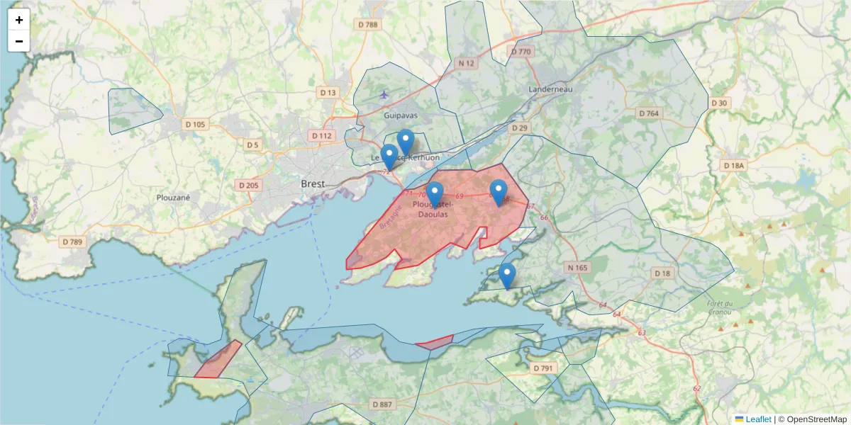 Carte de la zone du code postal  et des codes postaux voisins en France