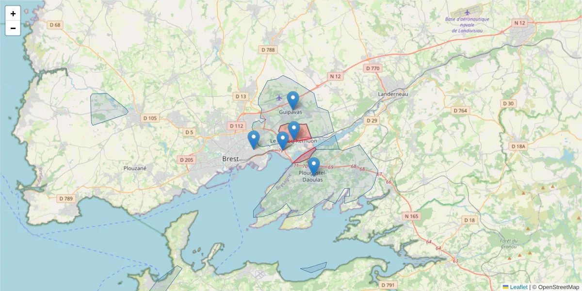 Carte de la zone du code postal  et des codes postaux voisins en France