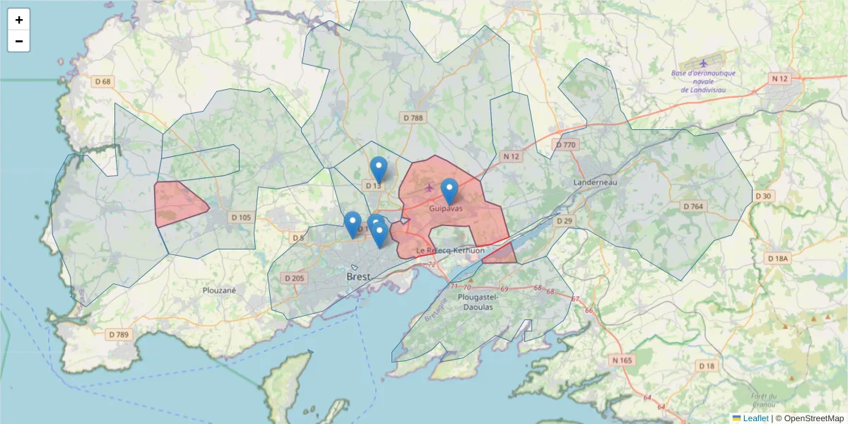 Carte de la zone du code postal  et des codes postaux voisins en France