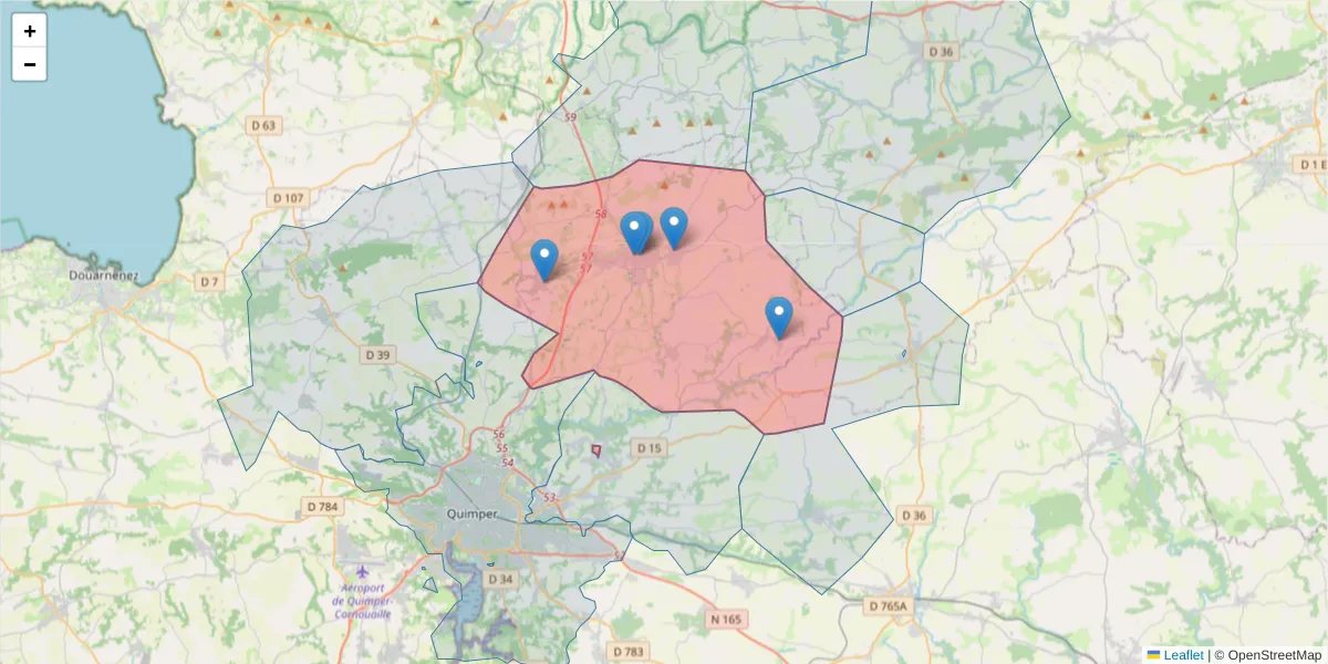 Carte de la zone du code postal  et des codes postaux voisins en France
