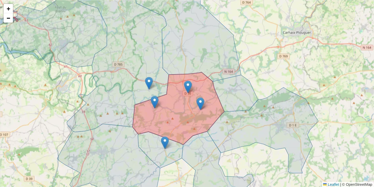 Carte de la zone du code postal  et des codes postaux voisins en France