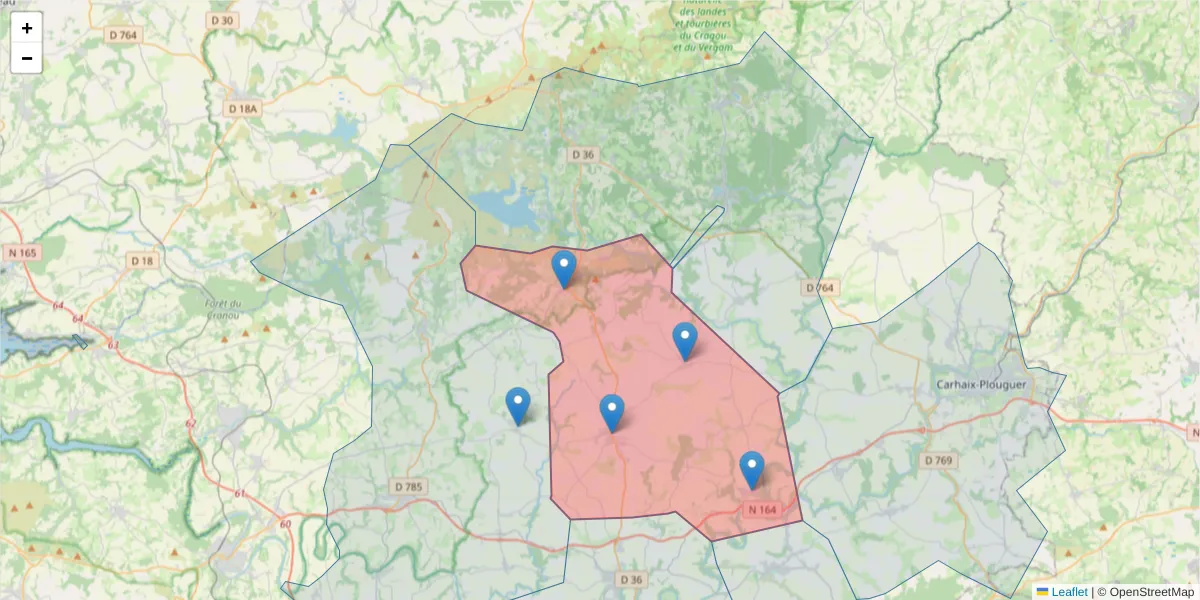 Carte de la zone du code postal  et des codes postaux voisins en France