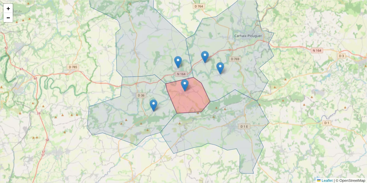 Carte de la zone du code postal  et des codes postaux voisins en France