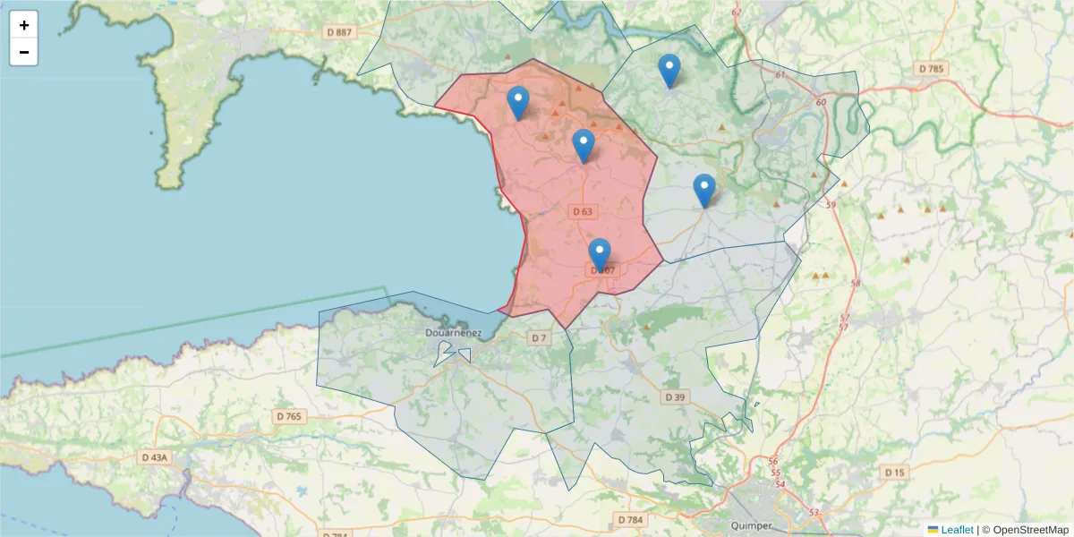 Carte de la zone du code postal  et des codes postaux voisins en France