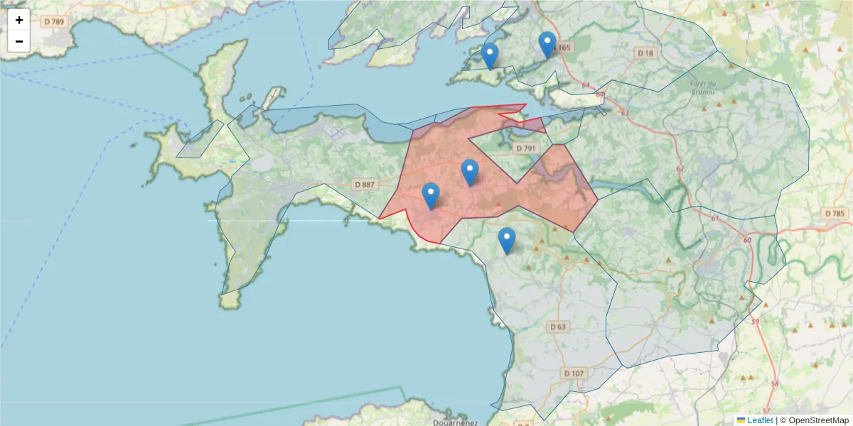 Carte de la zone du code postal  et des codes postaux voisins en France