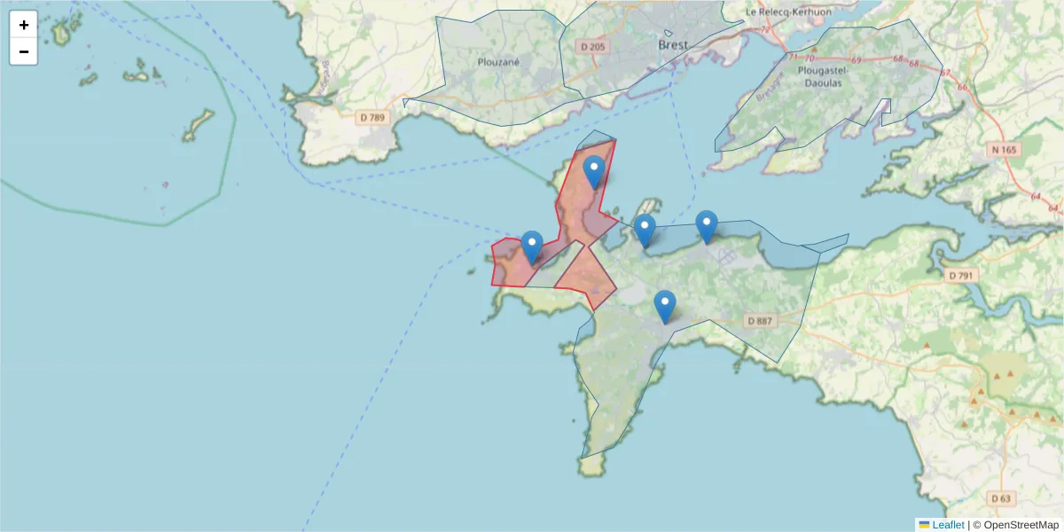 Carte de la zone du code postal  et des codes postaux voisins en France
