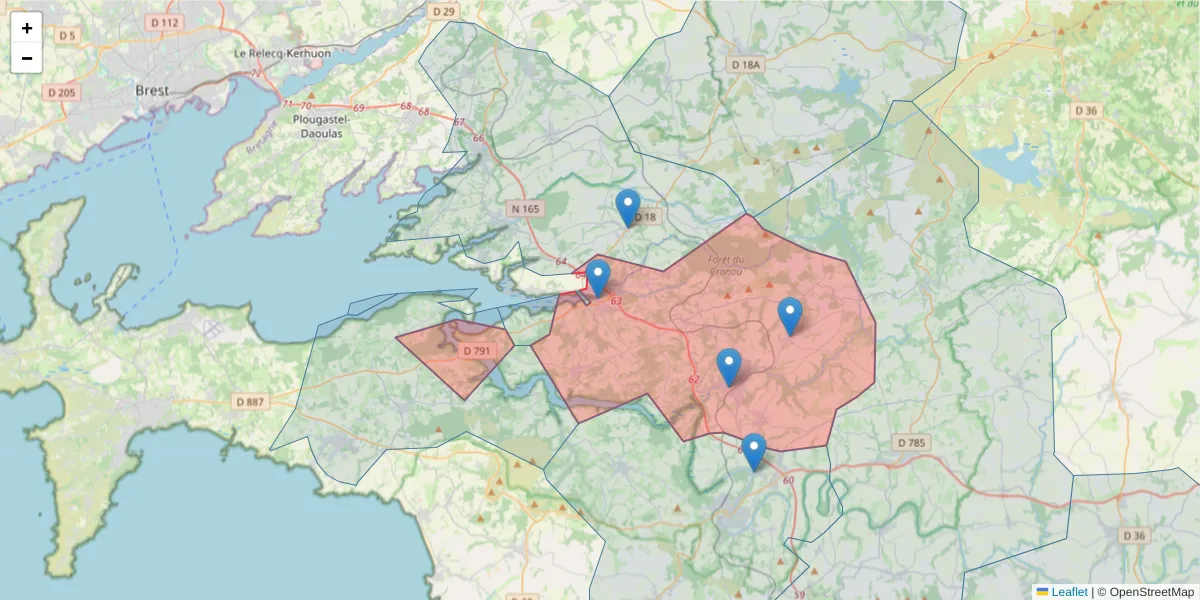 Carte de la zone du code postal  et des codes postaux voisins en France