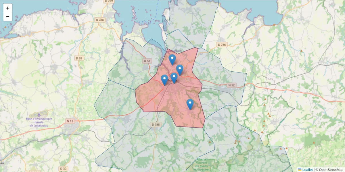 Carte de la zone du code postal  et des codes postaux voisins en France