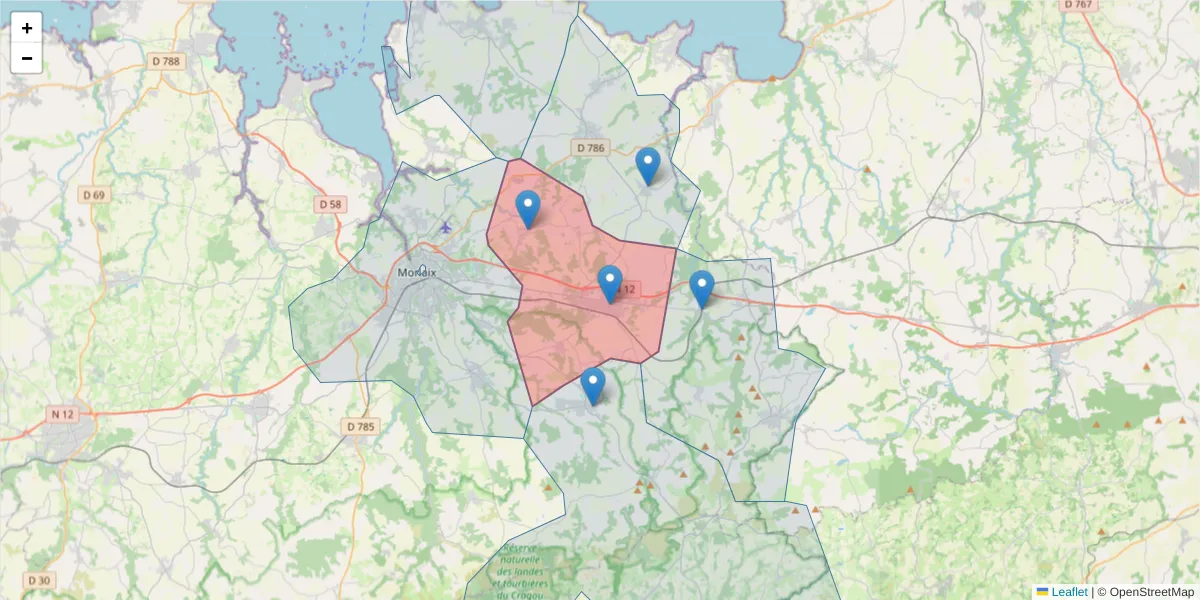 Carte de la zone du code postal  et des codes postaux voisins en France