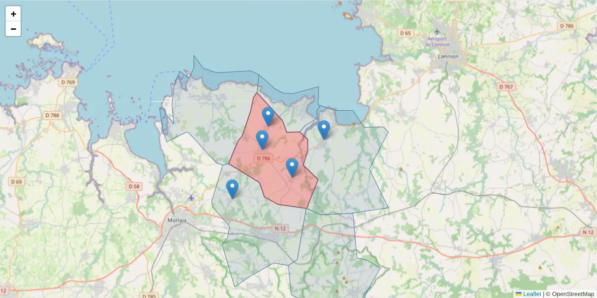 Carte de la zone du code postal  et des codes postaux voisins en France