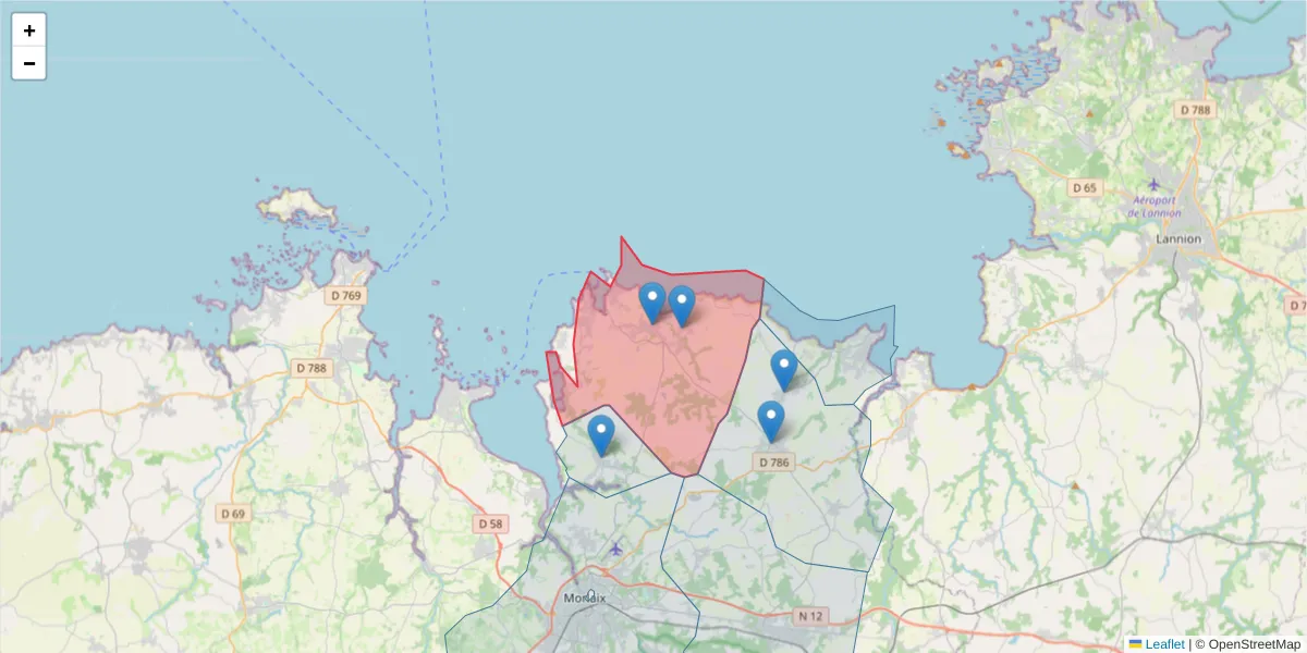 Carte de la zone du code postal  et des codes postaux voisins en France