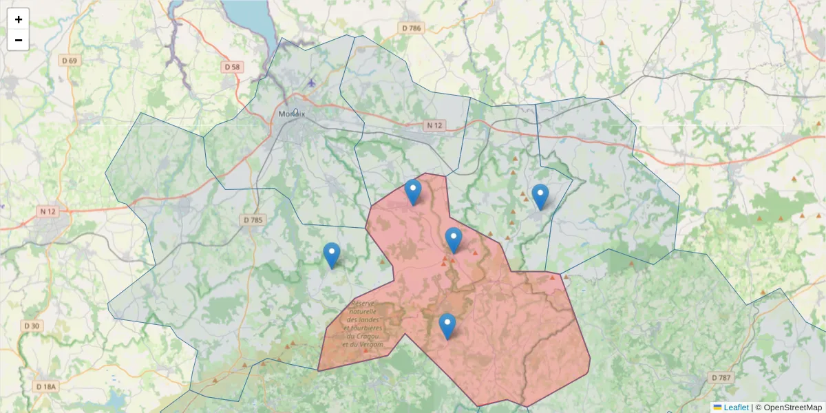 Carte de la zone du code postal  et des codes postaux voisins en France
