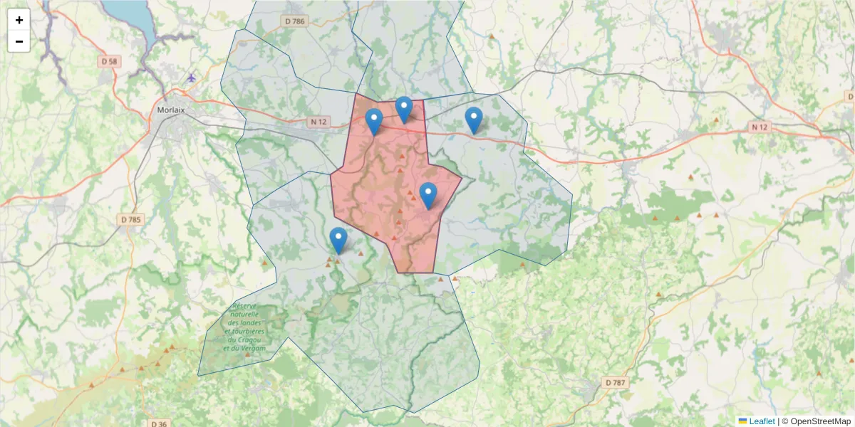 Carte de la zone du code postal  et des codes postaux voisins en France