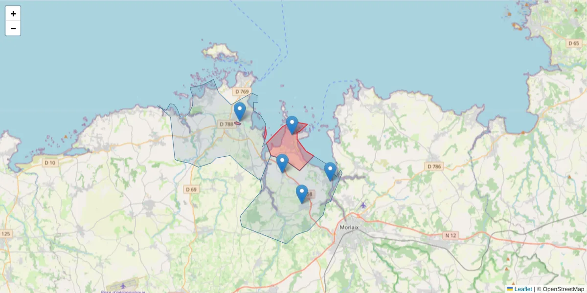Carte de la zone du code postal  et des codes postaux voisins en France