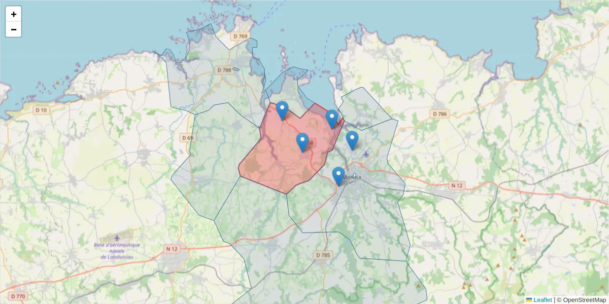Carte de la zone du code postal  et des codes postaux voisins en France