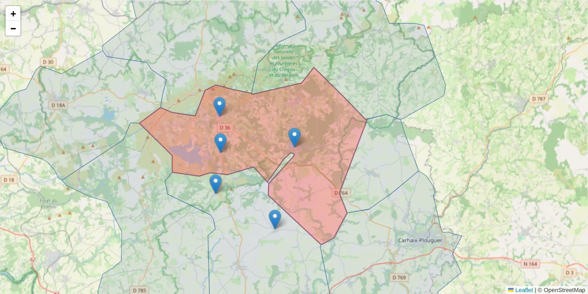 Carte de la zone du code postal  et des codes postaux voisins en France
