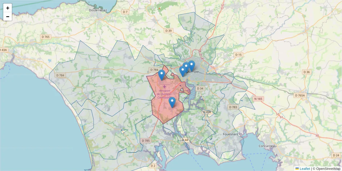 Carte de la zone du code postal  et des codes postaux voisins en France