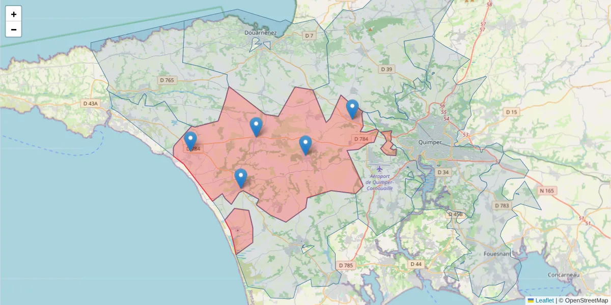 Carte de la zone du code postal  et des codes postaux voisins en France