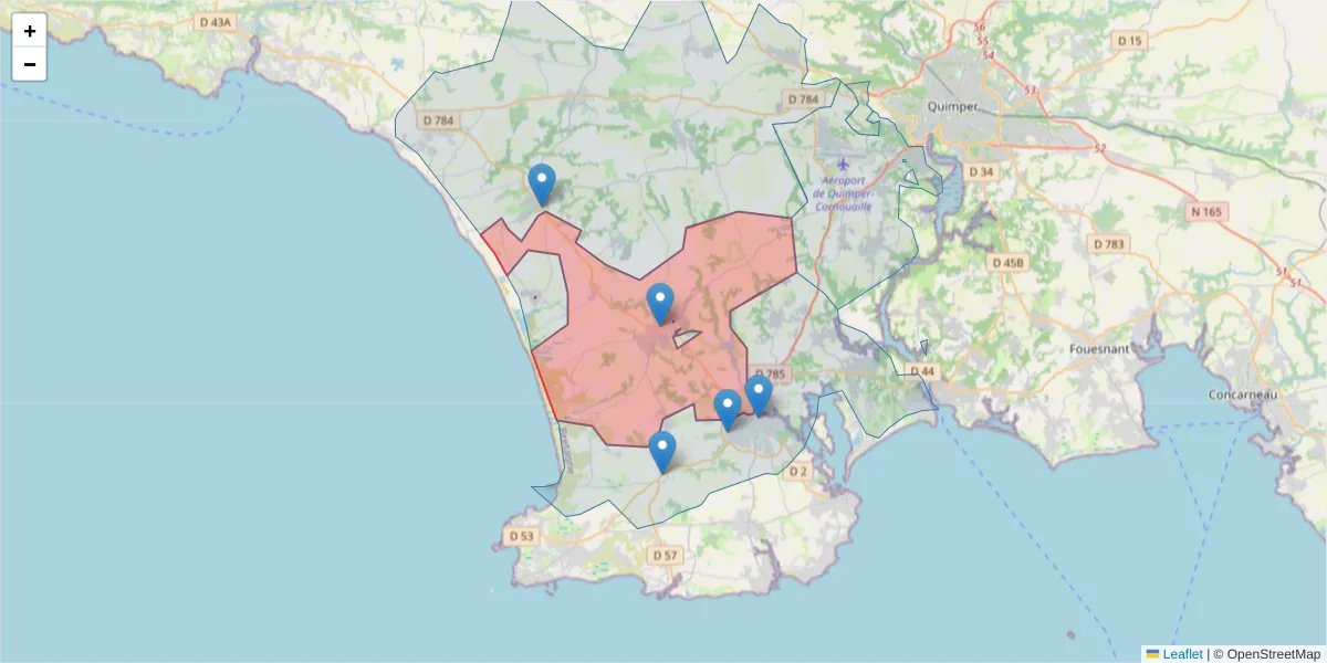 Carte de la zone du code postal  et des codes postaux voisins en France