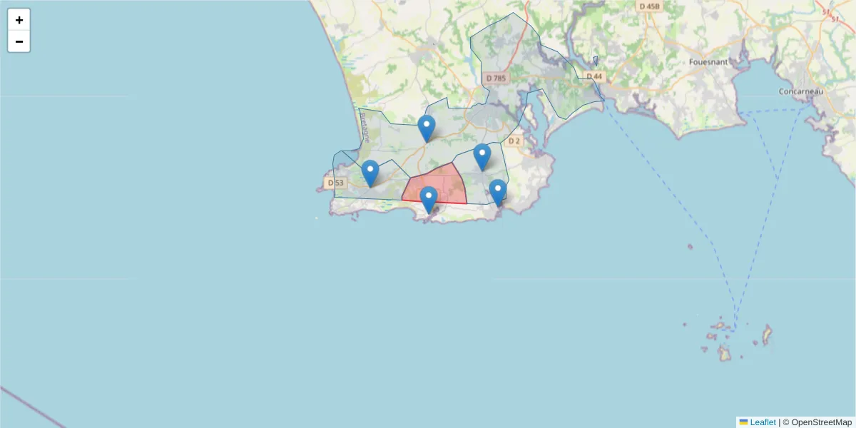 Carte de la zone du code postal  et des codes postaux voisins en France