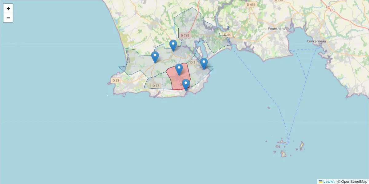 Carte de la zone du code postal  et des codes postaux voisins en France