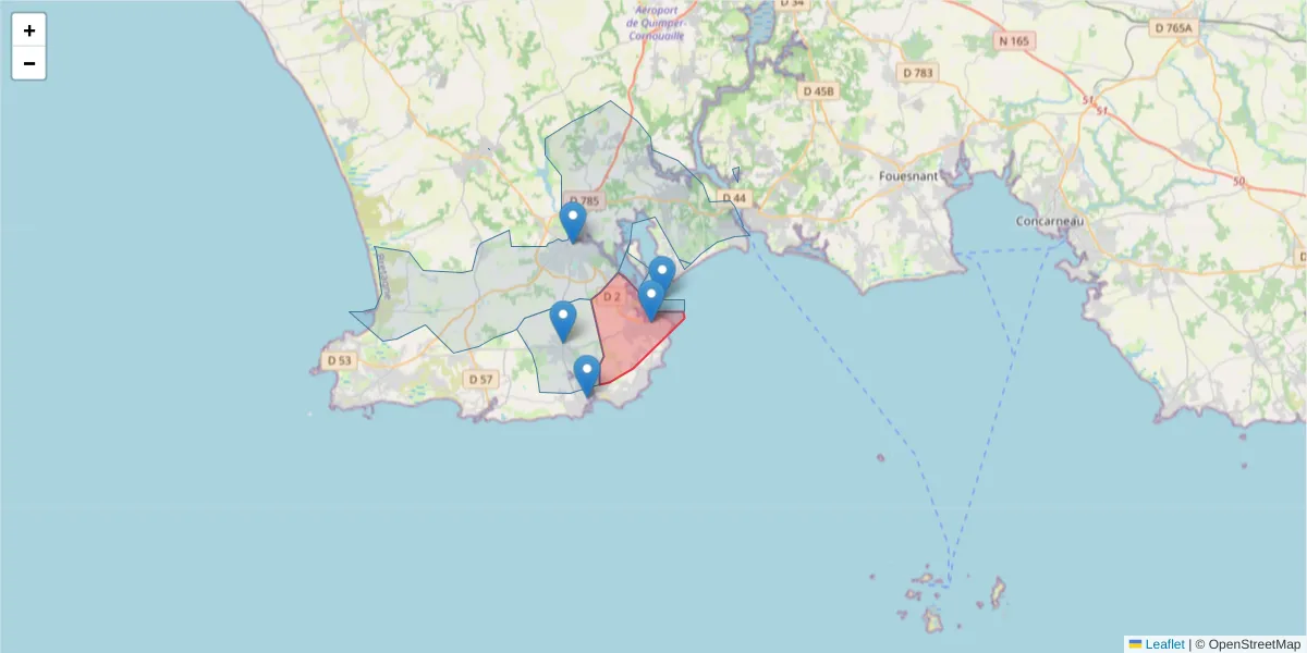 Carte de la zone du code postal  et des codes postaux voisins en France