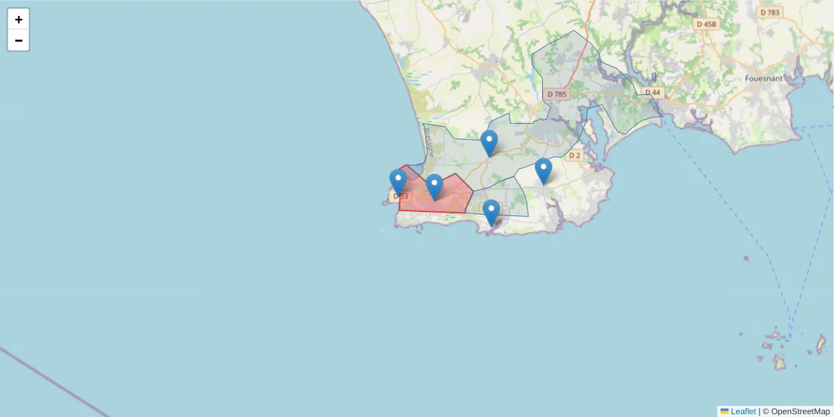Carte de la zone du code postal  et des codes postaux voisins en France