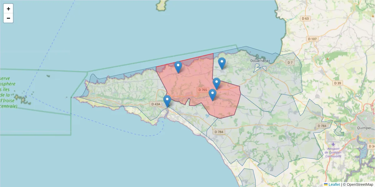 Carte de la zone du code postal  et des codes postaux voisins en France