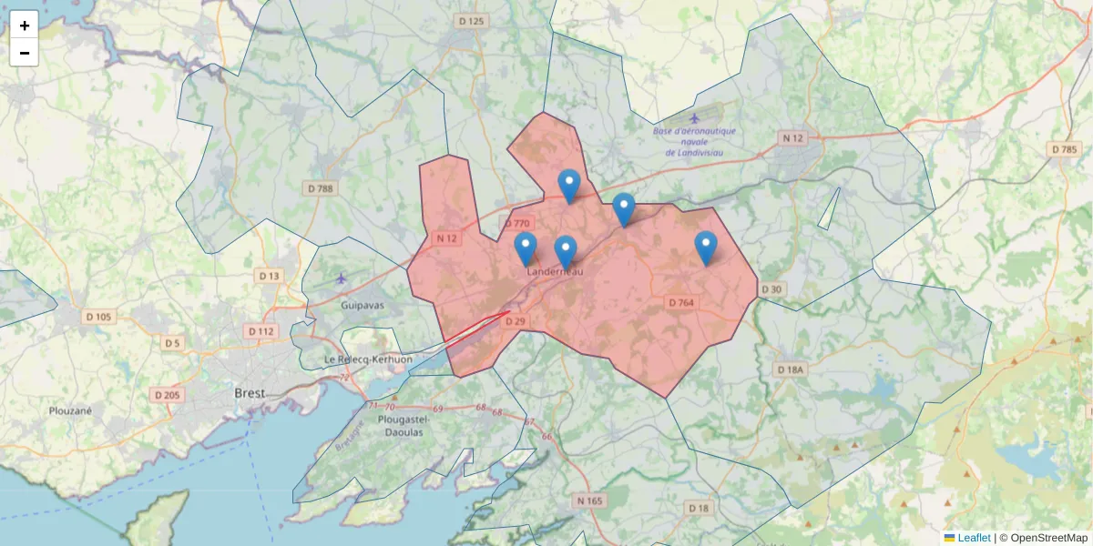 Carte de la zone du code postal  et des codes postaux voisins en France
