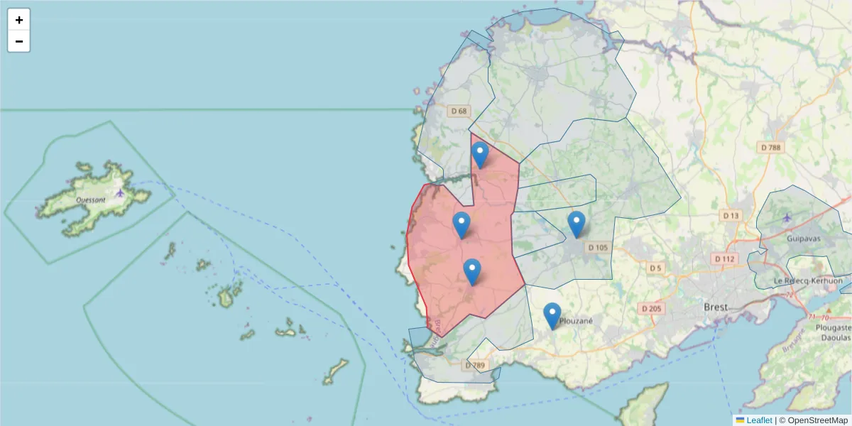 Carte de la zone du code postal  et des codes postaux voisins en France