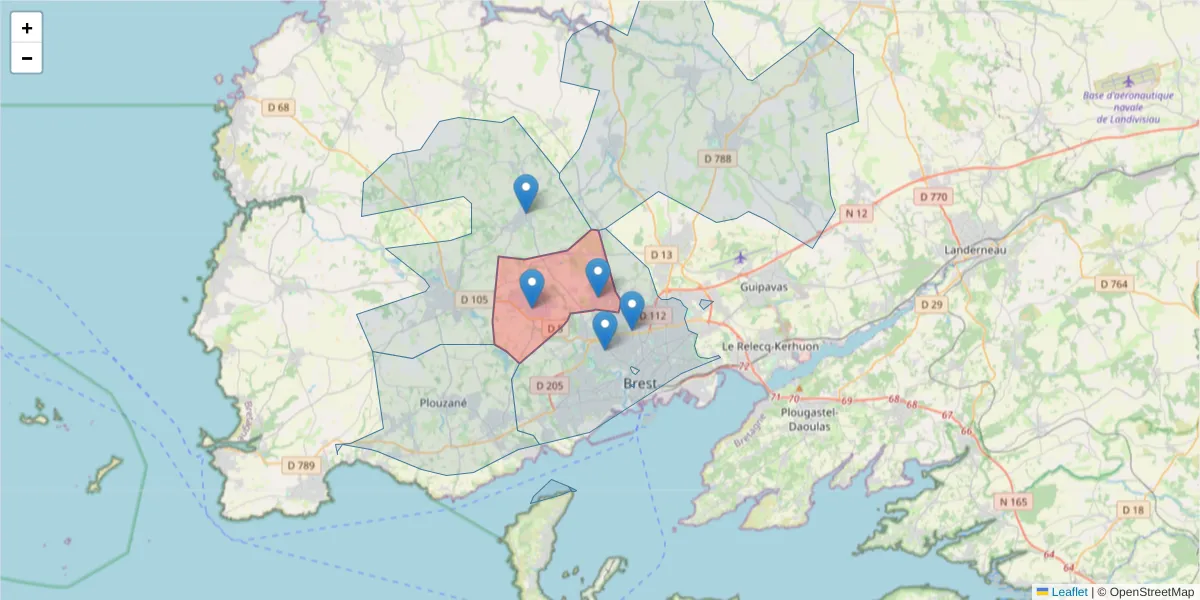 Carte de la zone du code postal  et des codes postaux voisins en France