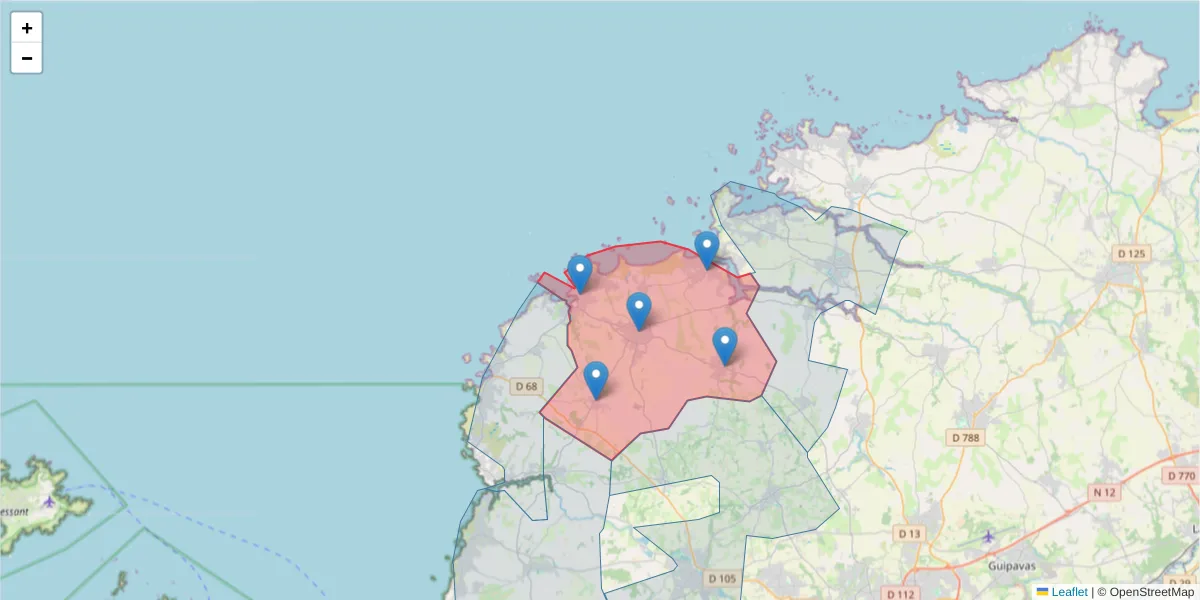 Carte de la zone du code postal  et des codes postaux voisins en France