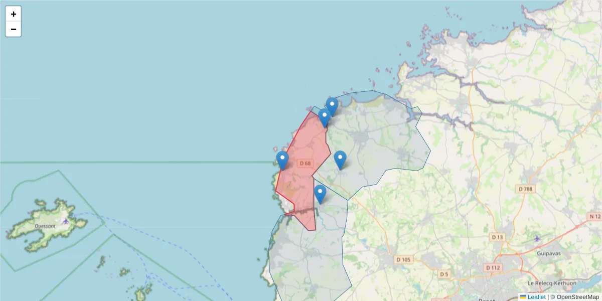 Carte de la zone du code postal  et des codes postaux voisins en France