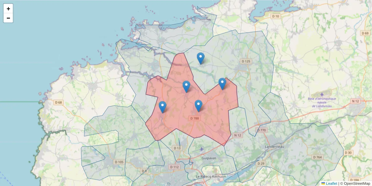Carte de la zone du code postal  et des codes postaux voisins en France