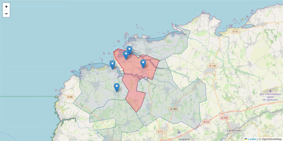 Carte de la zone du code postal  et des codes postaux voisins en France