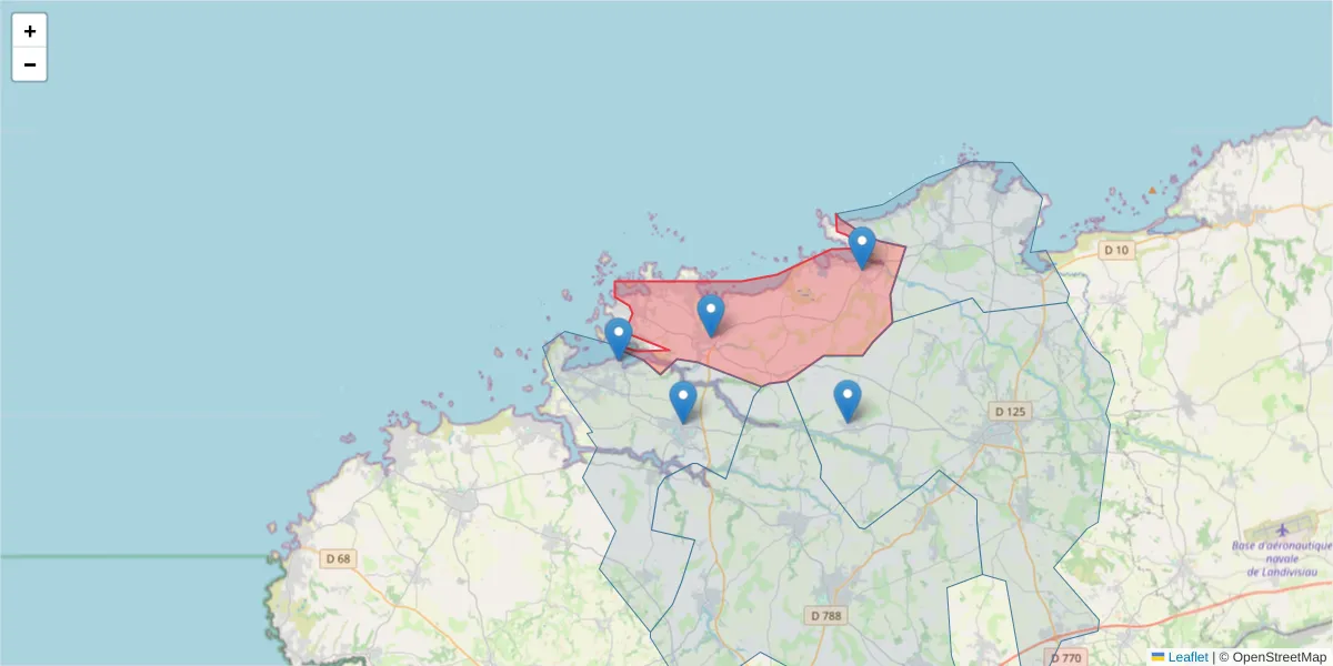 Carte de la zone du code postal  et des codes postaux voisins en France