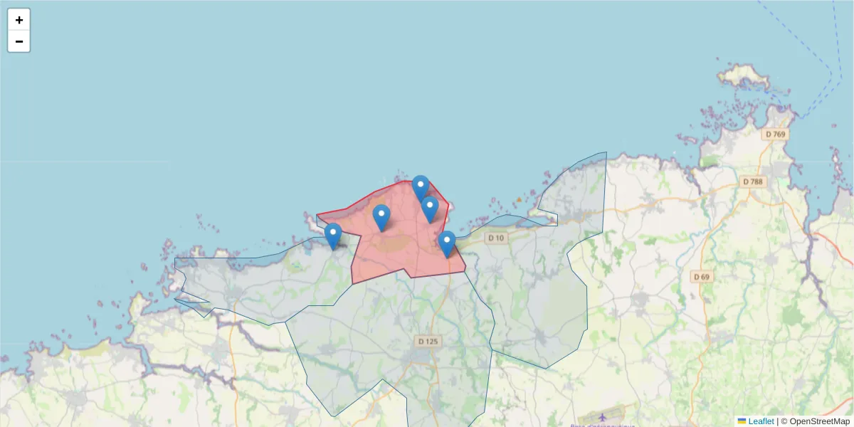Carte de la zone du code postal  et des codes postaux voisins en France