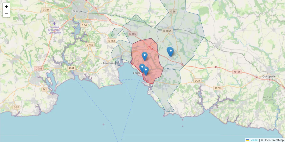 Carte de la zone du code postal  et des codes postaux voisins en France