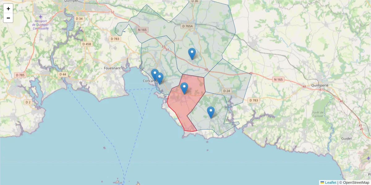 Carte de la zone du code postal  et des codes postaux voisins en France