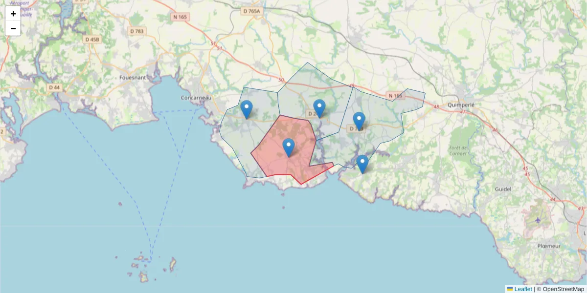 Carte de la zone du code postal  et des codes postaux voisins en France